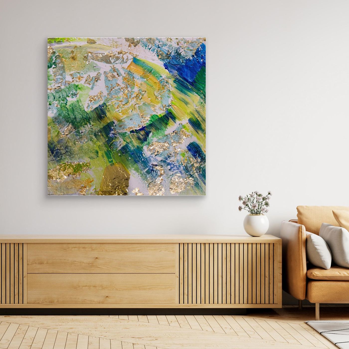 Emerald Currents abstract canvas art print with rich emerald green and gold textured tones