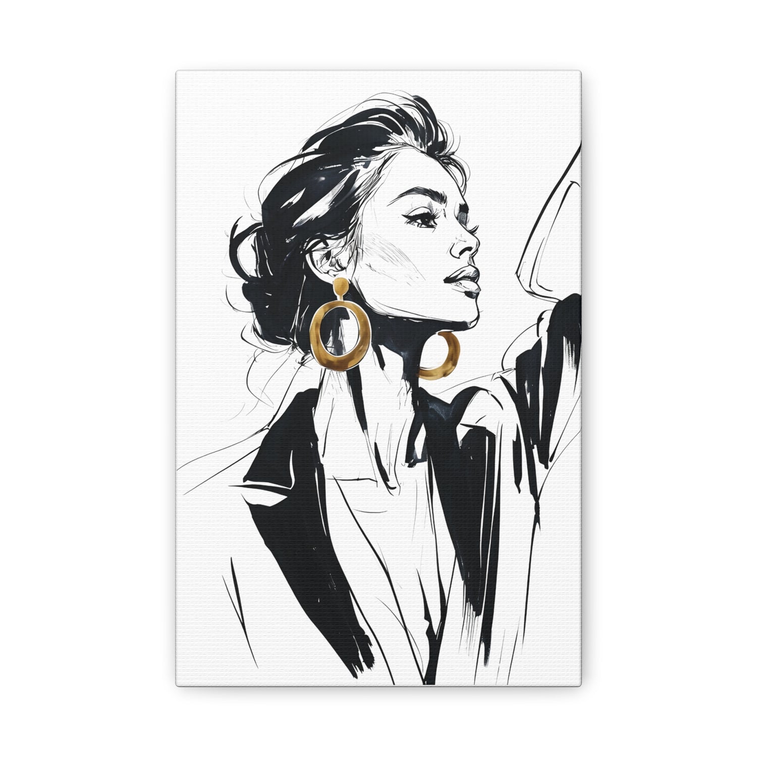 Eclipse of Her Own fashion illustration canvas print of woman with gold earrings in black ink