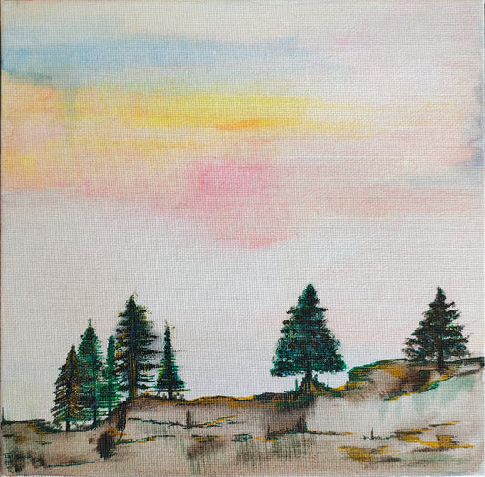 Pink Sky landscape watercolor painting with serene pastel pink sky and trees in soft washes