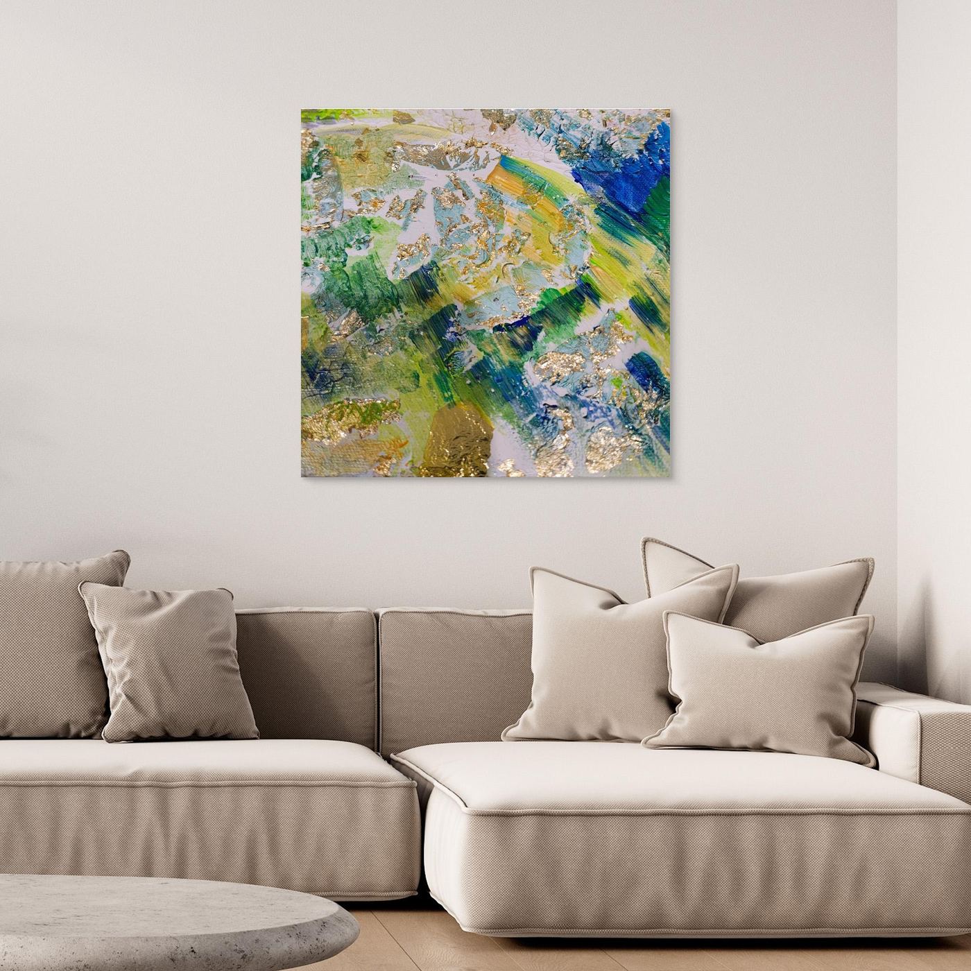Emerald Currents abstract canvas art print with rich emerald green and gold textured tones